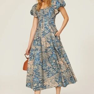 Ulla Johnson Blue and Cream Floral Midi Dress
